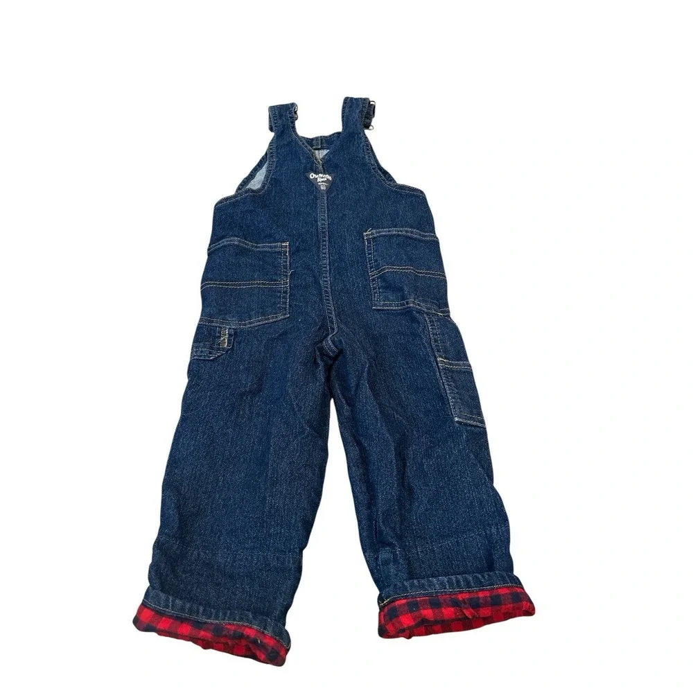 OshKosh B'gosh 3T Toddler Denim Blue overall Red Plaid Lined‎ Pocket Holiday